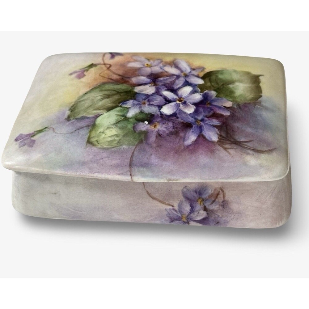 Alka Kunst Bavaria Hand Painted Violets Porcelain Trinket Box West Germany VNTG